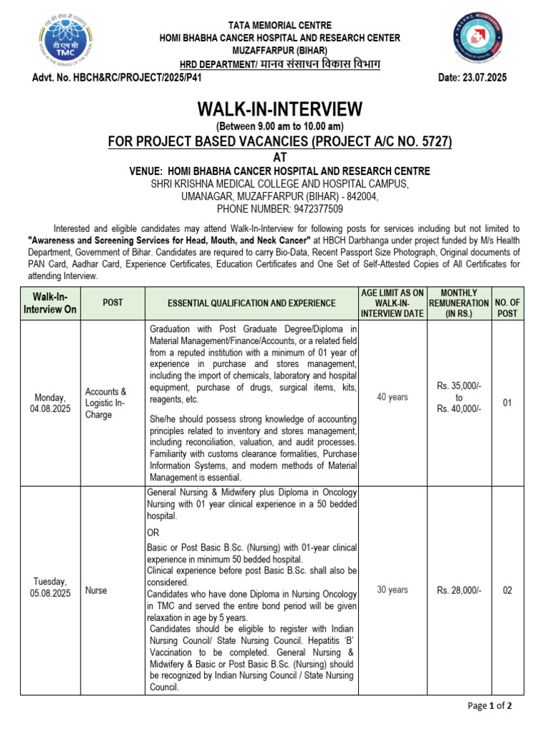 Walk-In Interview for Project Vacancies | PDF | Health Care