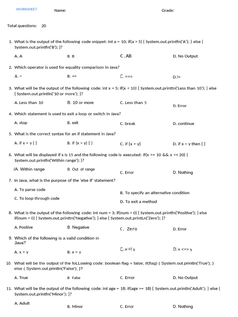 Java Conditional Statements Worksheet | PDF | Boolean Data Type ...