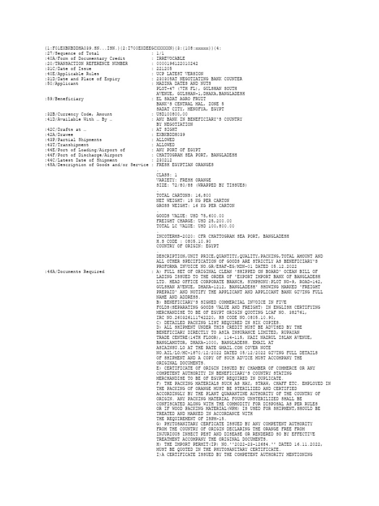 Irrevocable LC for Egyptian Oranges | PDF | Bill Of Lading | Cargo