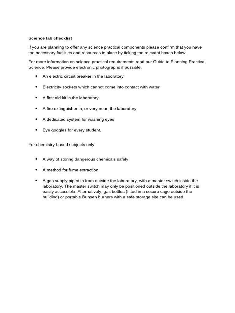 Science Lab Checklist | PDF