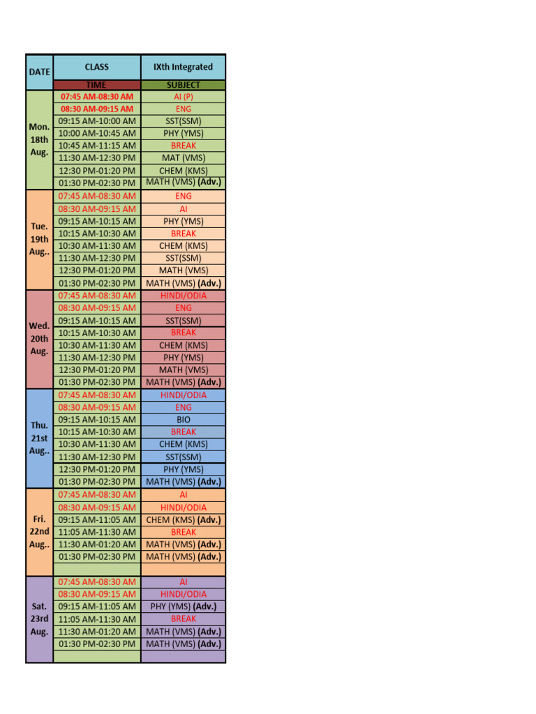 Class IX Integrated Timetable 2023 | PDF