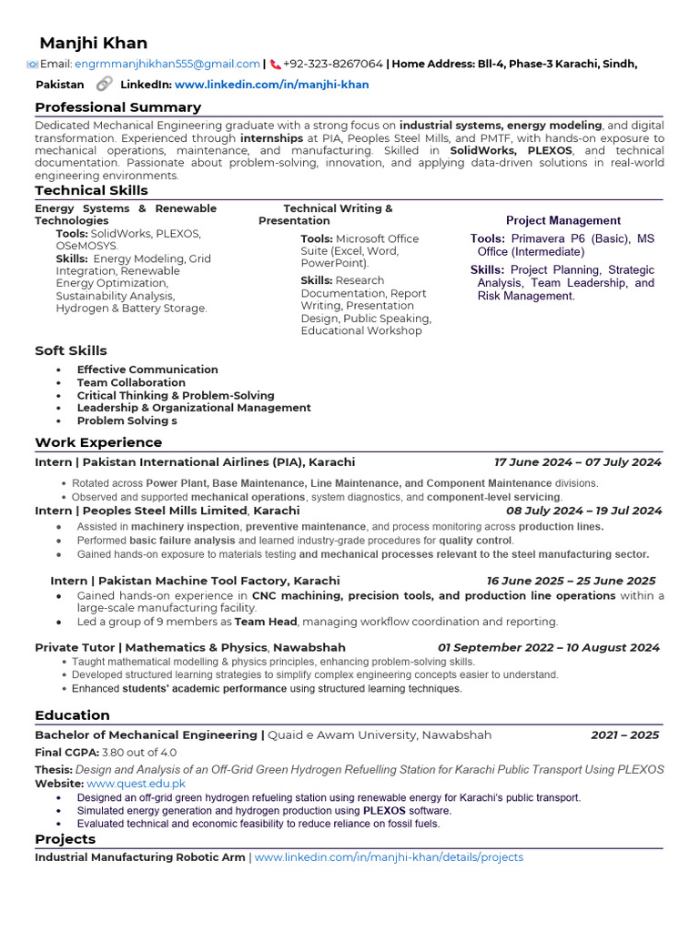Mechanical Engineer with Internship Experience | PDF | Engineering ...