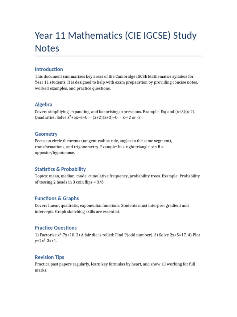 Year 11 IGCSE Maths Study Guide | PDF