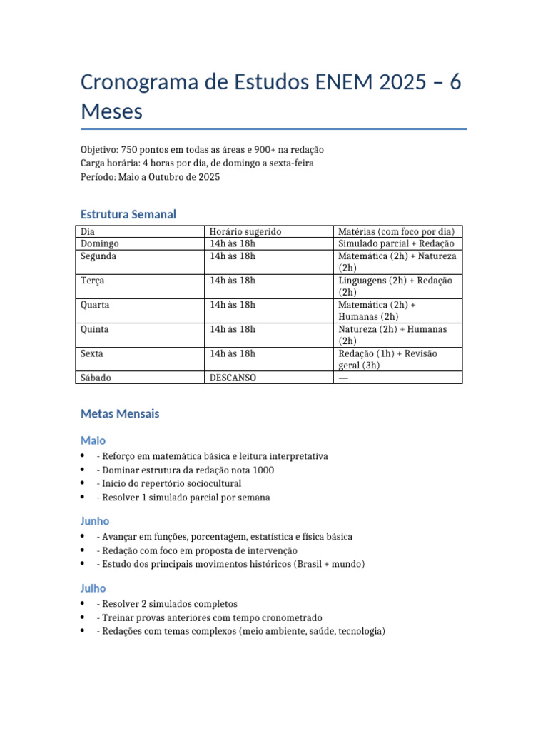 Cronograma de Estudos ENEM 2025 | PDF | Matemática