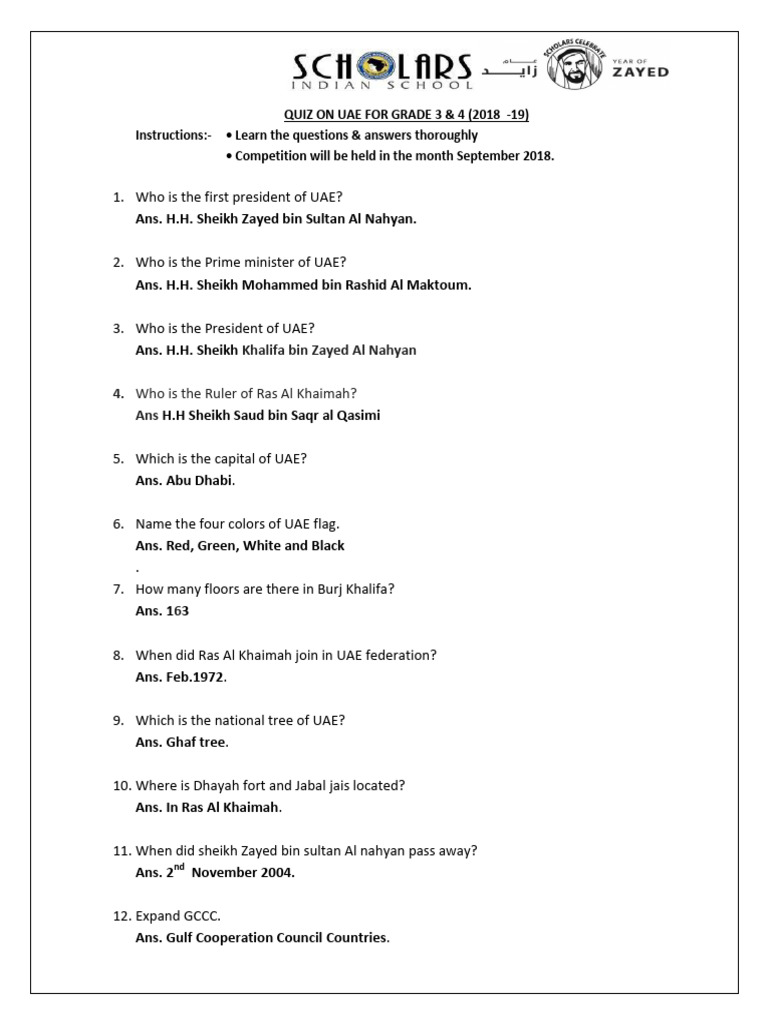 UAE Quiz Answer Key for Grades 3-4 | PDF