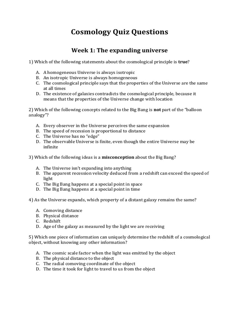 Cosmology Quiz WithoutAnswers | PDF | Universe | Dark Energy