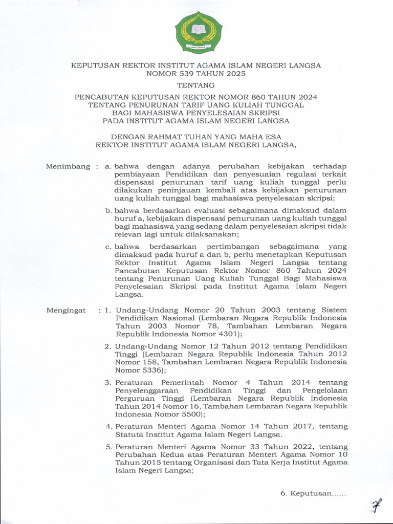 SK Rektor Tentang Pencabutan Keputusan Rektor Nomor 860 Tahun 2024 | PDF