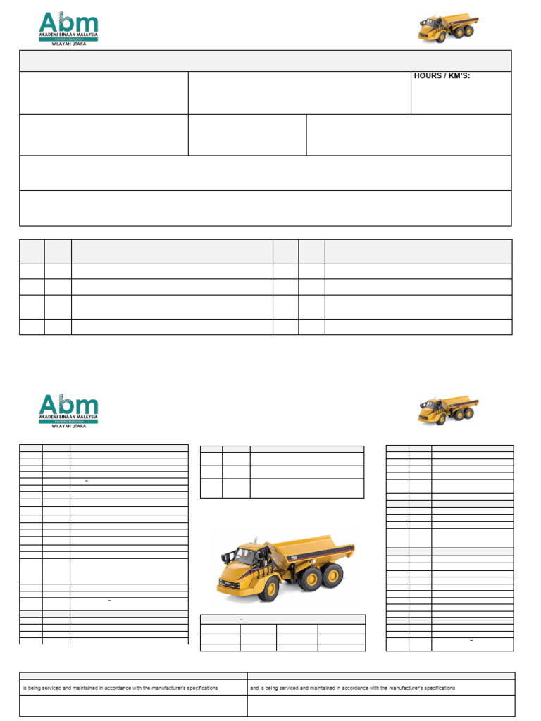 Articulated Dump Truck Inspection Checklist | PDF | Truck | Vehicles