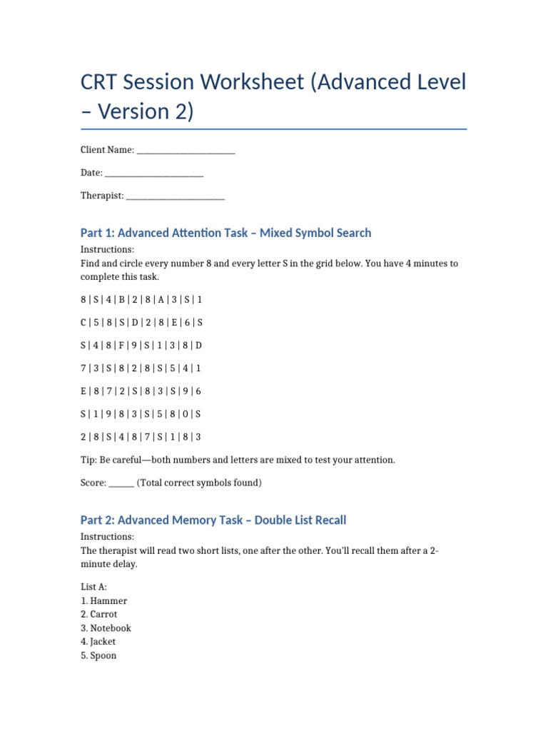 Advanced CRT Session Worksheet | PDF