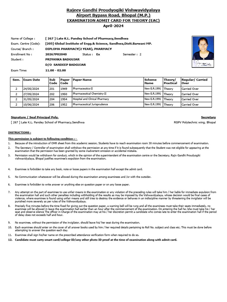 RPT AdmitCard Student | PDF