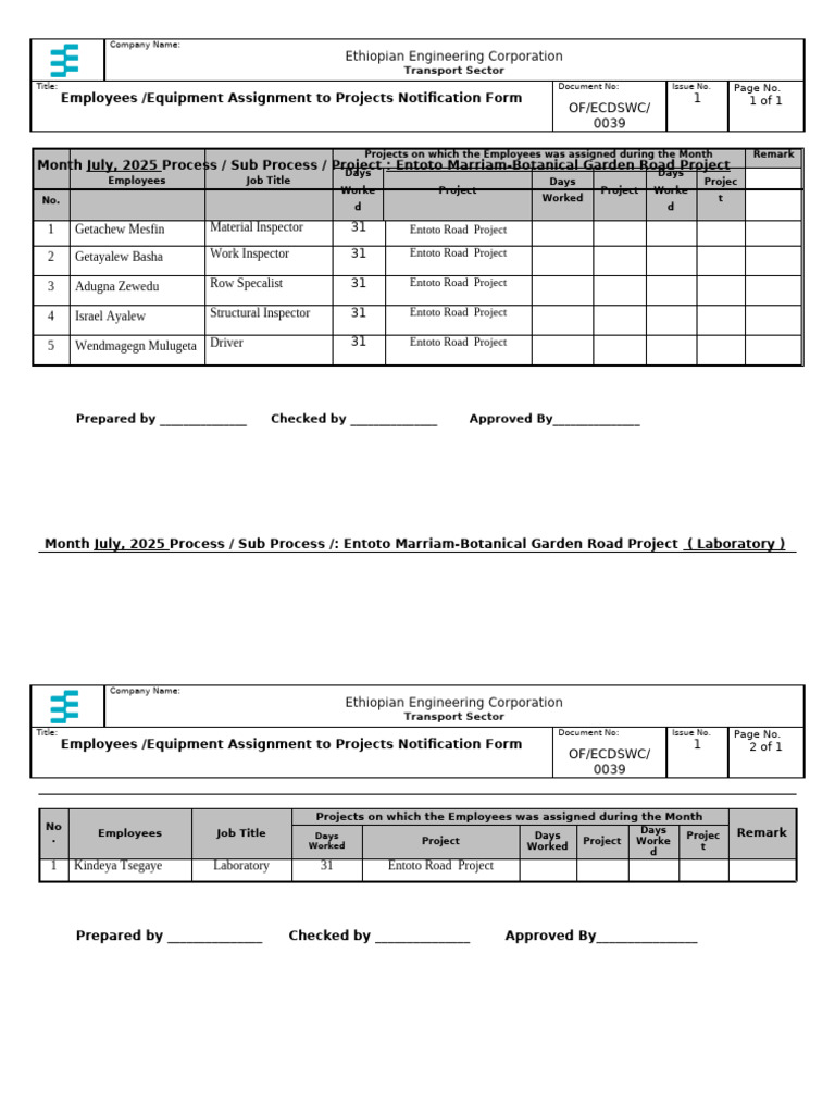 July 0039 Emplyees Assignment To Projects Notification Form Augudts | PDF