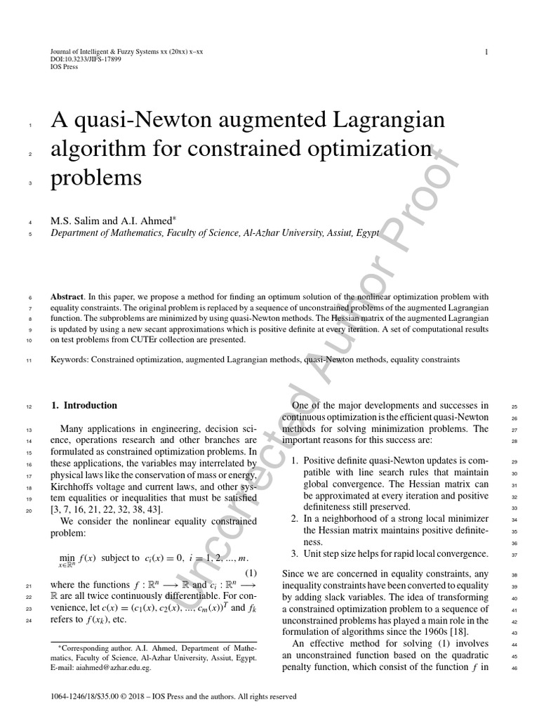 Quasi-Newton Augmented Lagrangian Method | PDF | Mathematical ...