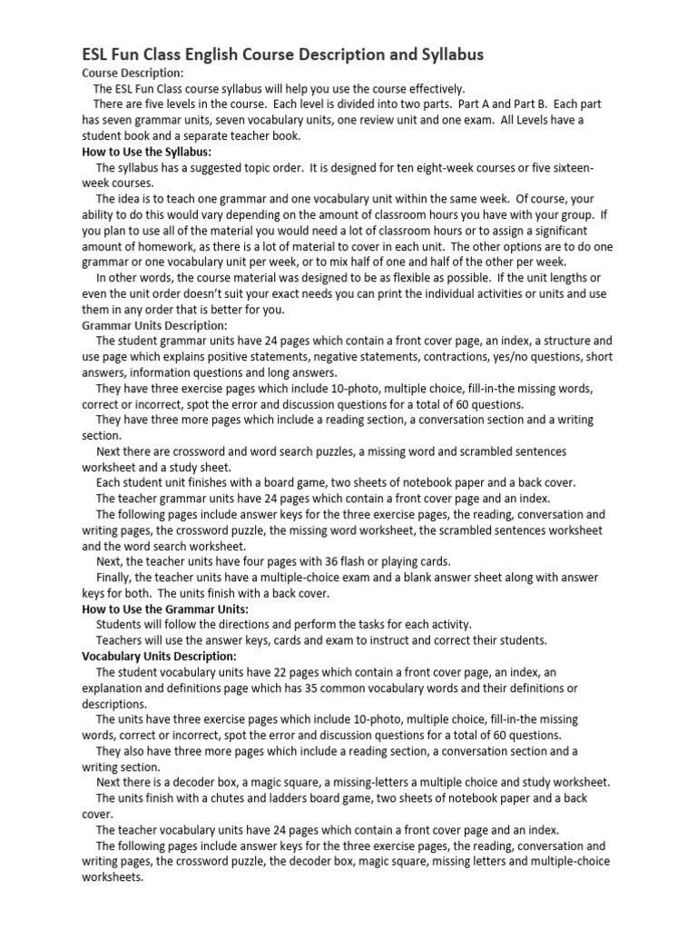ESL Fun Class Course Syllabus Overview | PDF | Multiple Choice ...