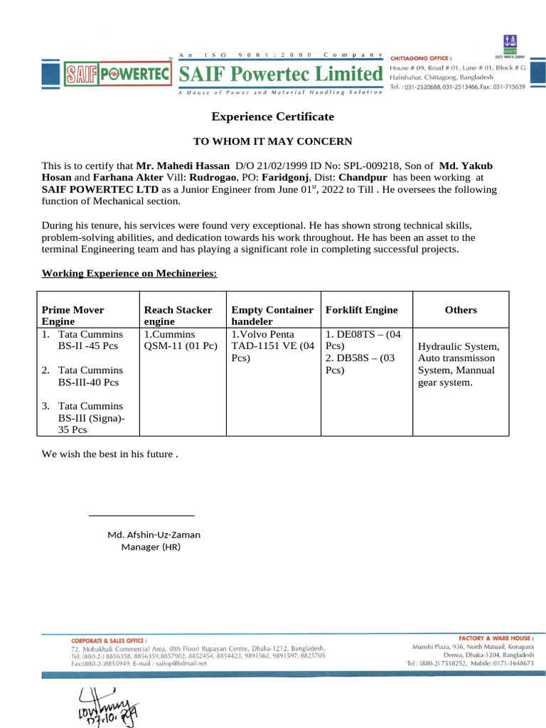 Experience Certificate for Junior Engineer | PDF