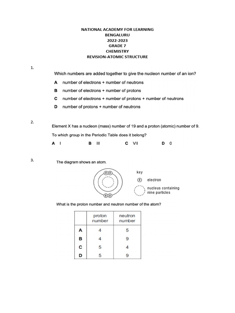 Grade 7 Chemistry: Atomic Structure Revision | PDF | Atoms | Ion