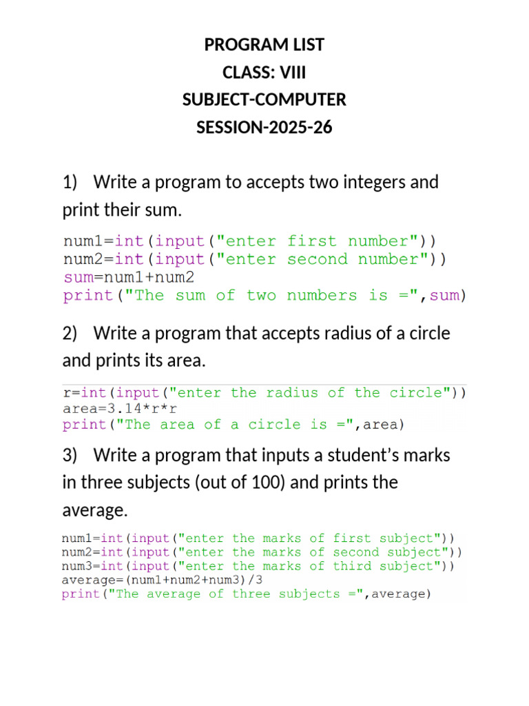 Computer Programs for Class VIII | PDF