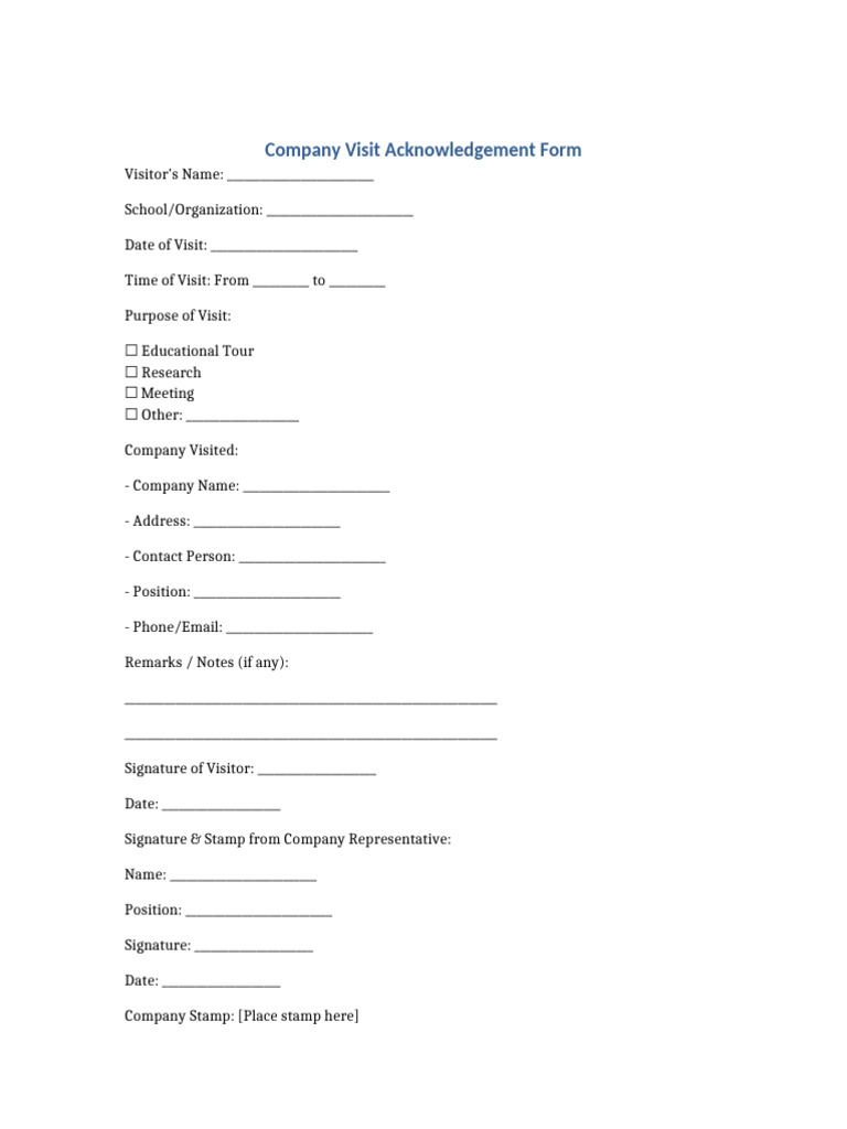 Company Visit Acknowledgement Form | PDF