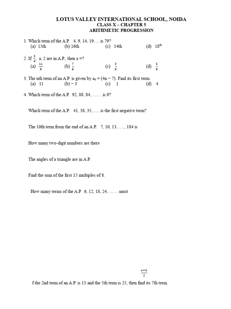 Arithmetic Progression Class X Exercises | PDF | Mathematics