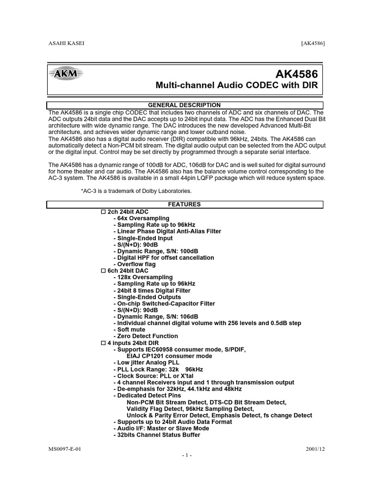 AK4586 Multi-Channel Audio CODEC Overview | PDF | Analog To Digital ...