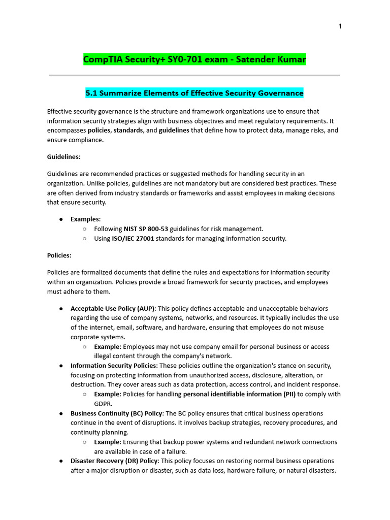 Security Governance for CompTIA SY0-701 | PDF | Security | Computer ...