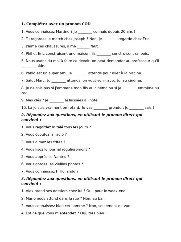 Exercices sur les pronoms COD en français | PDF