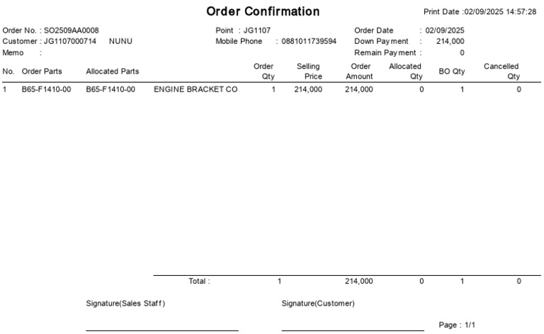 RP LOC Parts OrderConfirmation | PDF
