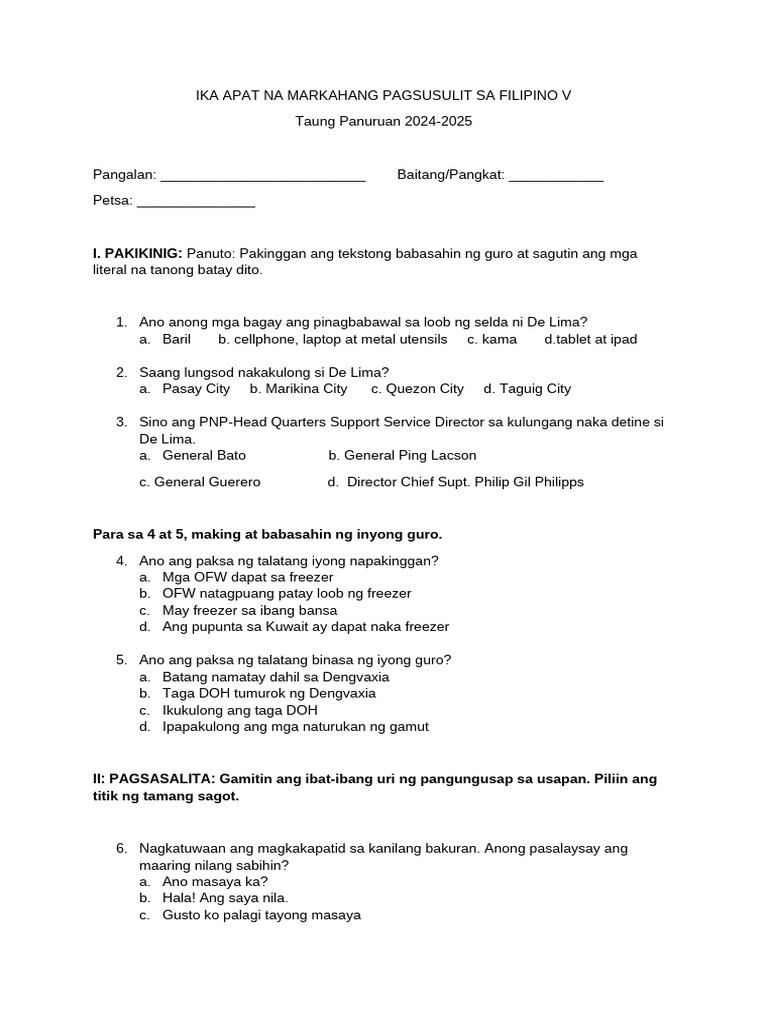4th Filipino Exam | PDF