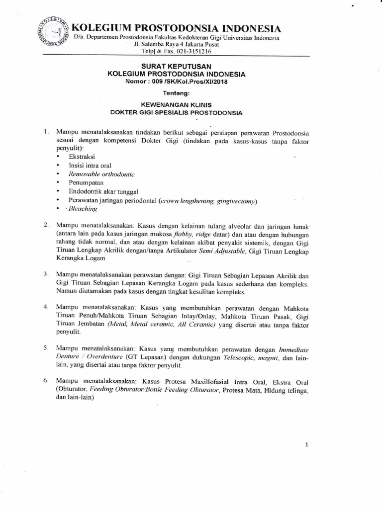 Kewenangan Klinis DRG Sp. Pros | PDF