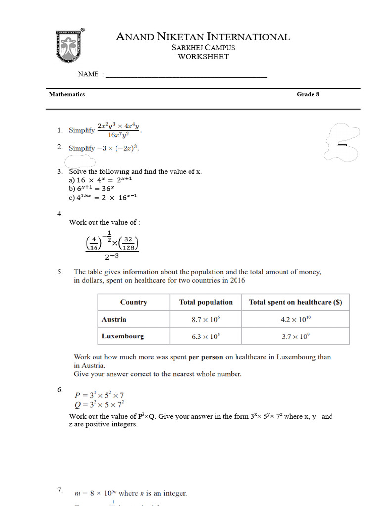 Grade 8 Mathematics Worksheet | PDF