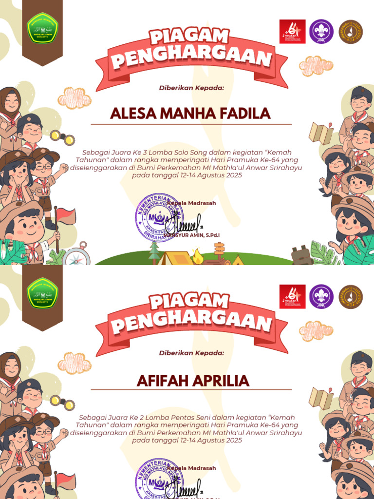 Beige Ilustrasi Piagam Penghargaan Jambore Pramuka Sertifikat ...