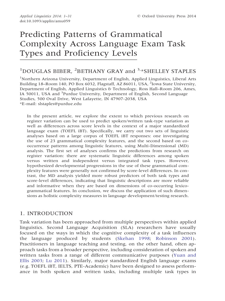 Grammatical Complexity in TOEFL Tasks | PDF | Linguistics | Clause