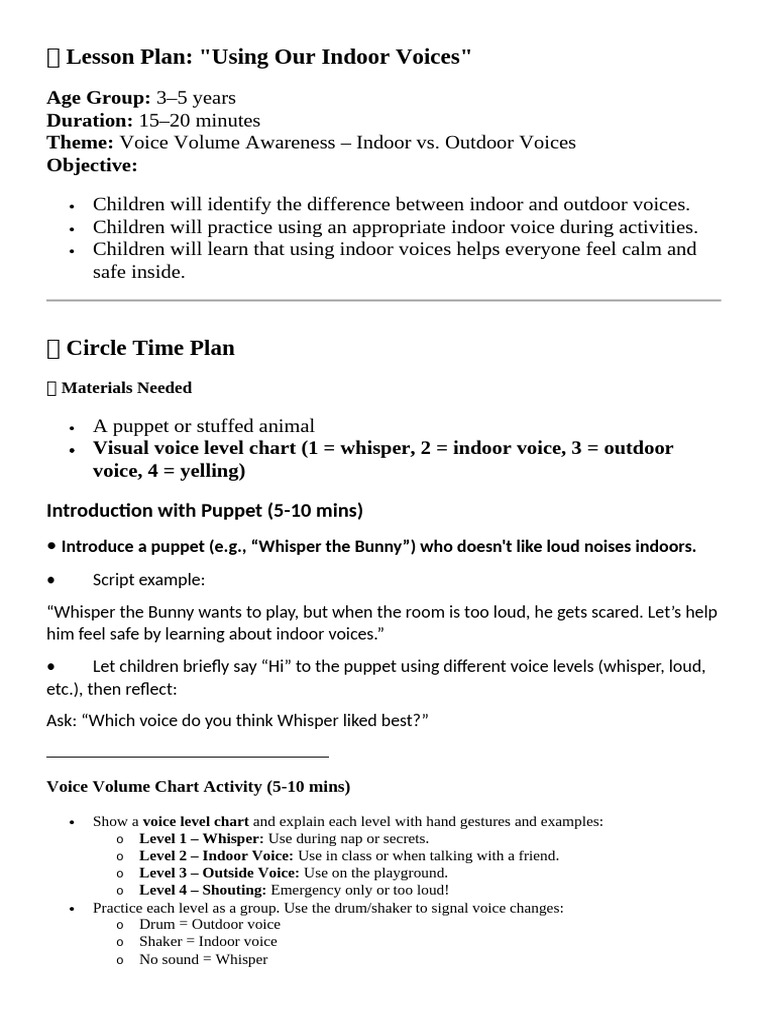 Indoor Voice Lesson Plan for Kids | PDF