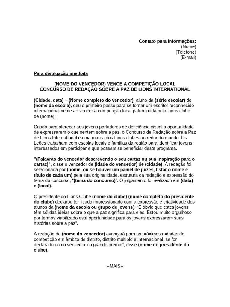 Vencedor do Concurso de Redação sobre a Paz | PDF