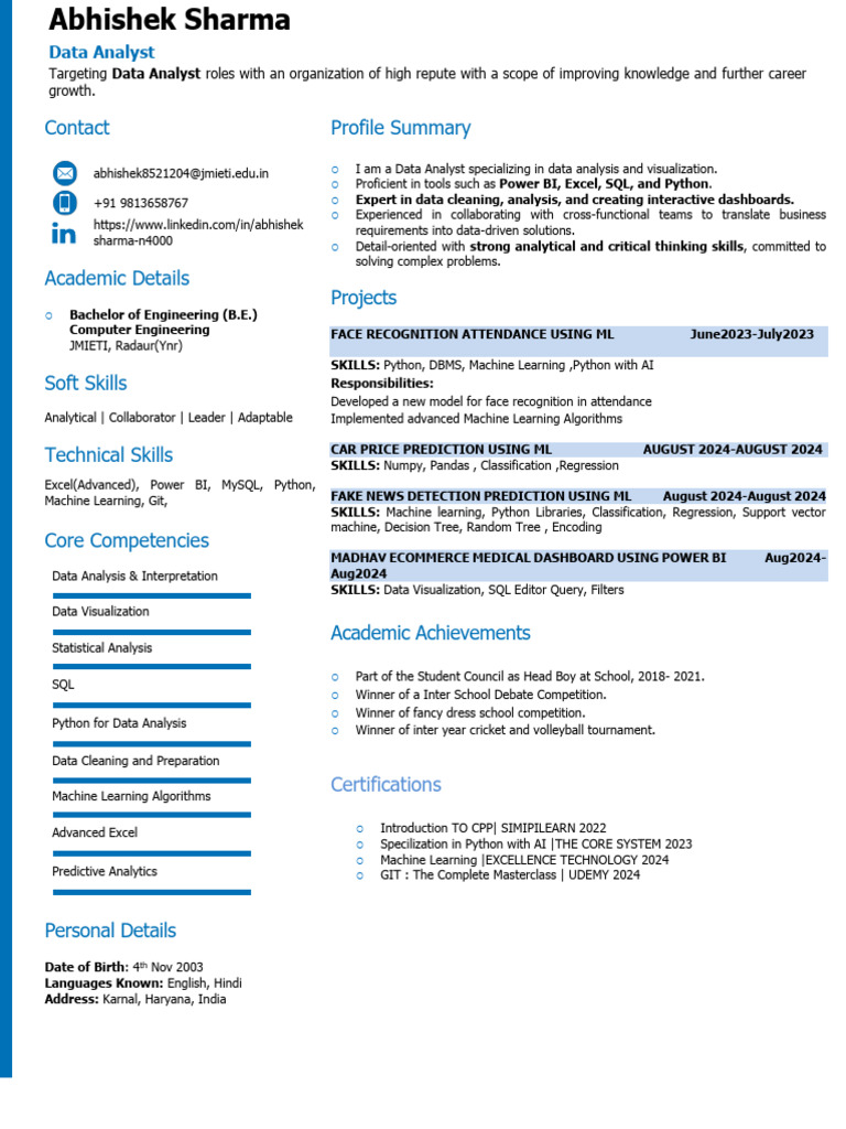 Data Analyst Resume of Abhishek Sharma | PDF | Machine Learning | Data ...