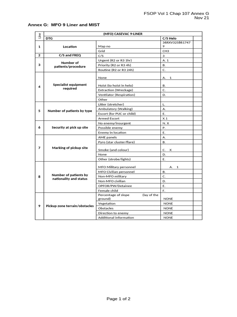 MFO 9-Liner CASEVAC Protocol Guide | PDF | Medicine | Medical Emergencies