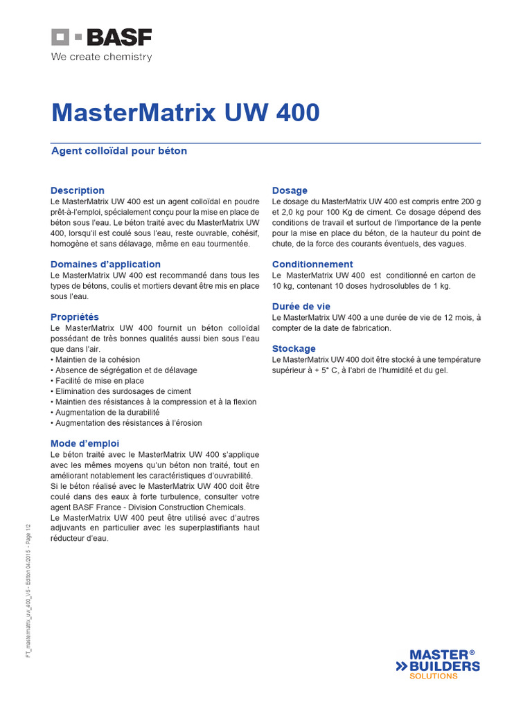 Agent colloïdal pour béton UW 400 | PDF | Béton | Ingénierie des structures