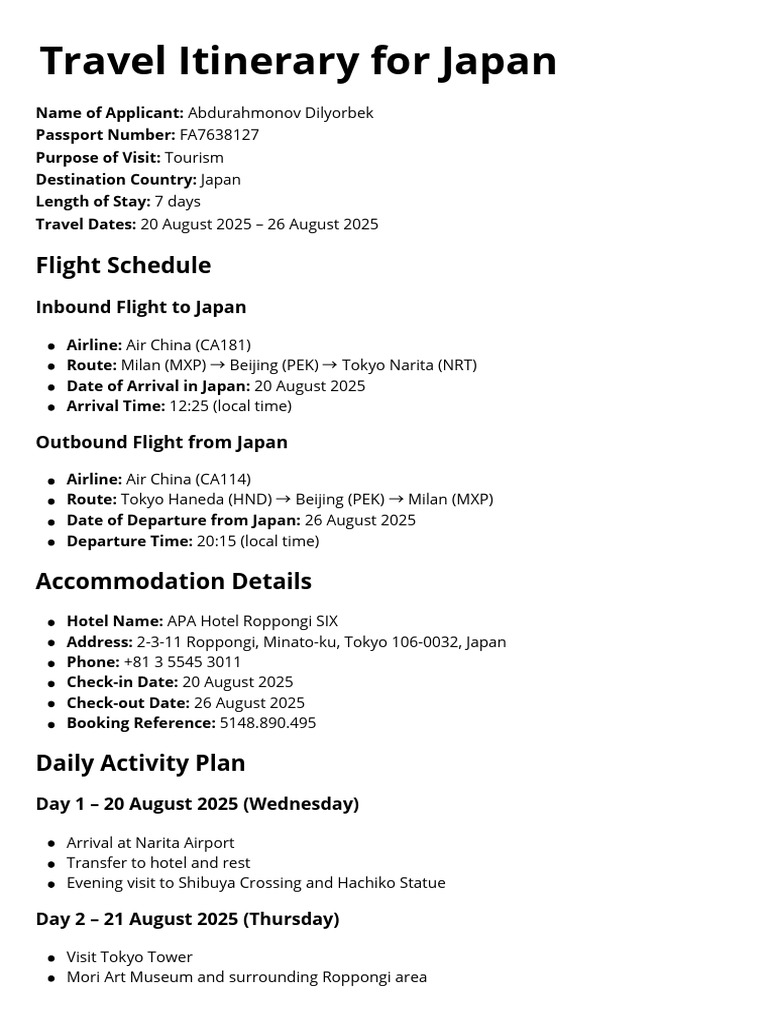 Japan Travel Itinerary & Flight Details | PDF