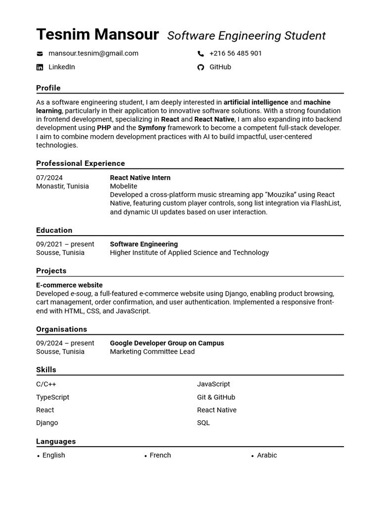 Software Engineering Student Profile | PDF
