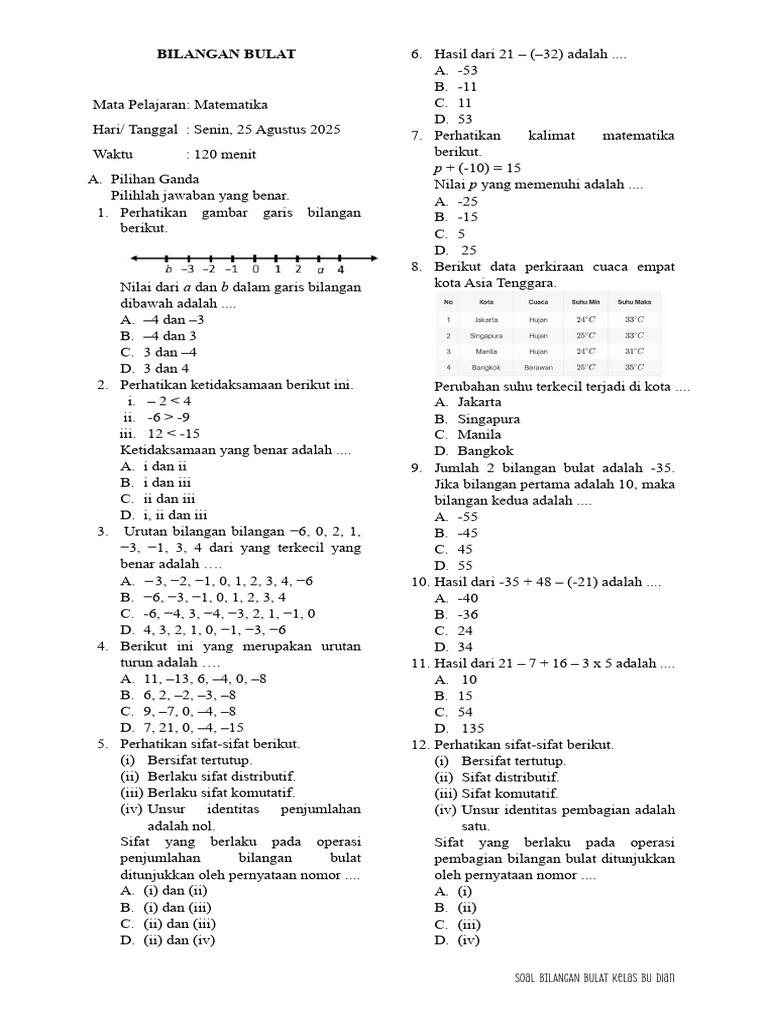 Soal Matematika Bilangan Bulat Kelas 5 | PDF