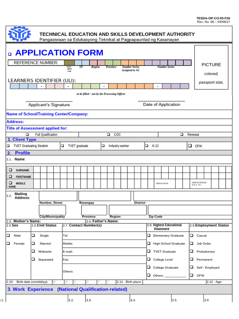 TESDA Assessment Application Form | PDF | Vocational Education