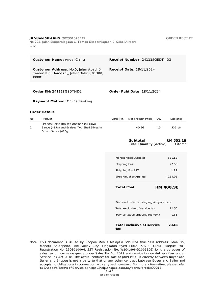 Shopee Order Receipt for Angel Ching | PDF | Receipt | Taxes