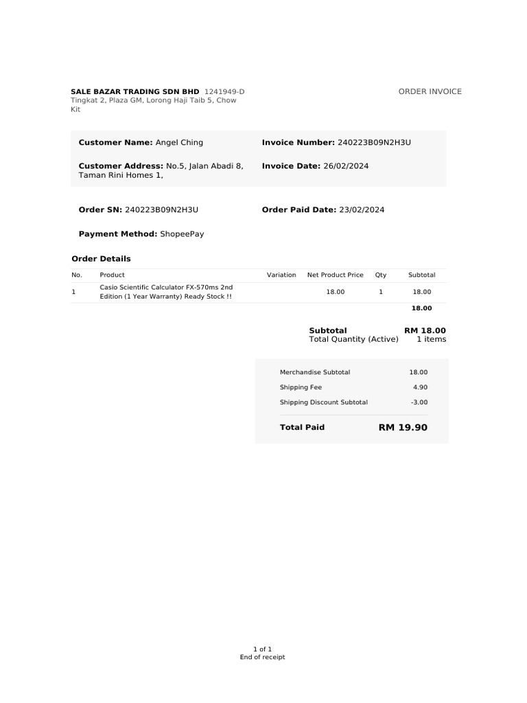Invoice for Casio Calculator Purchase | PDF