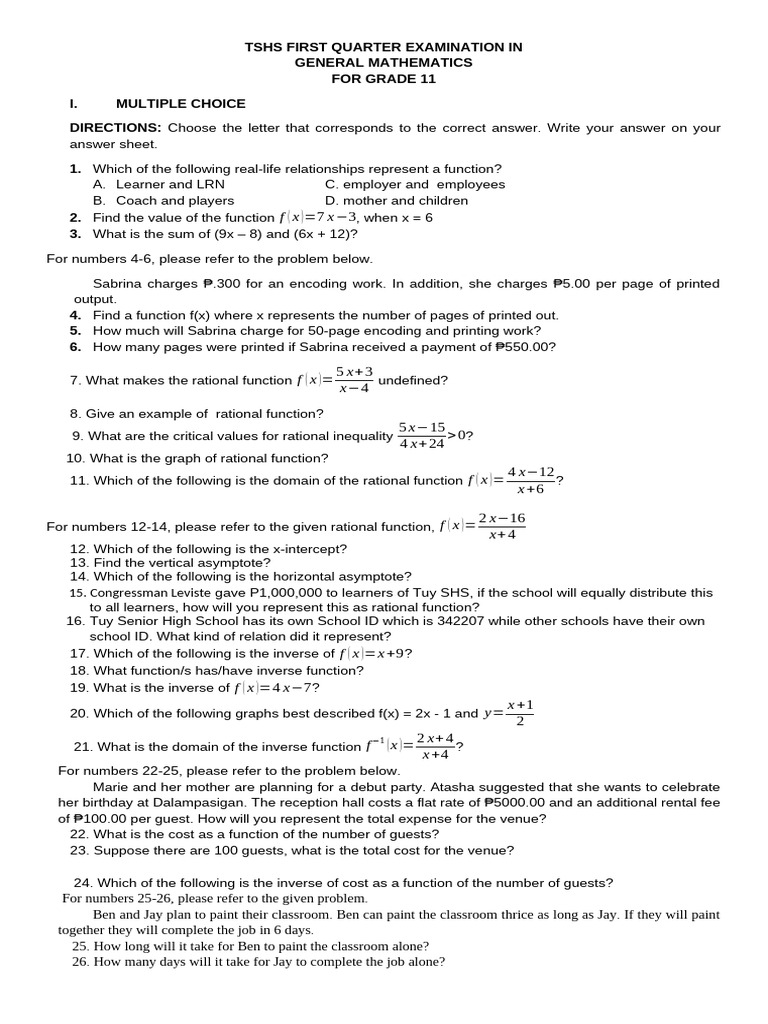 Grade 11 General Mathematics Exam | PDF | Exponential Function ...