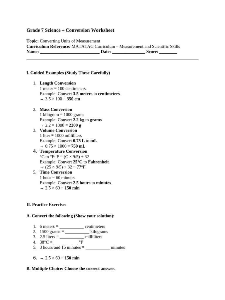 Grade 7 Unit Conversion Worksheet | PDF