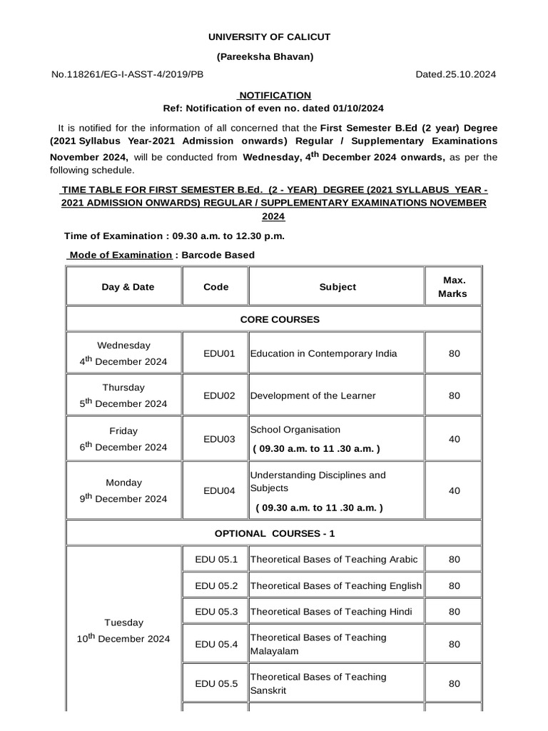 B.Ed First Semester Exam Schedule 2024 | PDF | Science