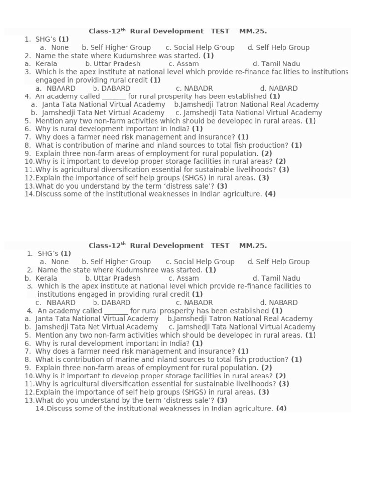 Class 12 Rural Development Test Questions | PDF | Chess Openings | Chess
