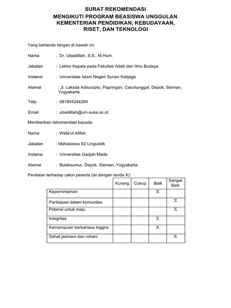 Rekomendasi Beasiswa Wafa’ul Afifah | PDF
