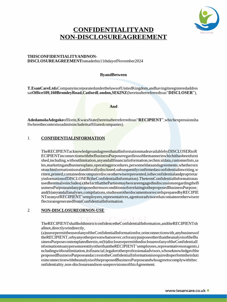 Confidentiality and Non-Disclosure Agreement | PDF | Privacy | Secrecy