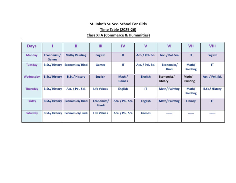 St. John's School Class XI Timetable 2025-26 | PDF