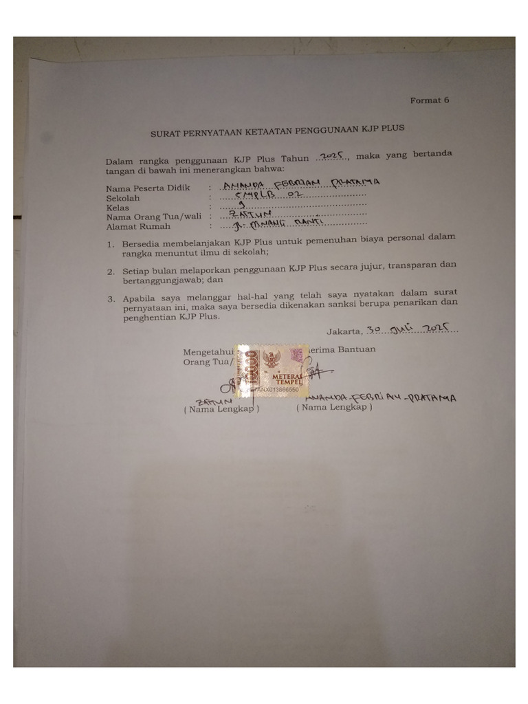 Surat Pernyataan KJP | PDF